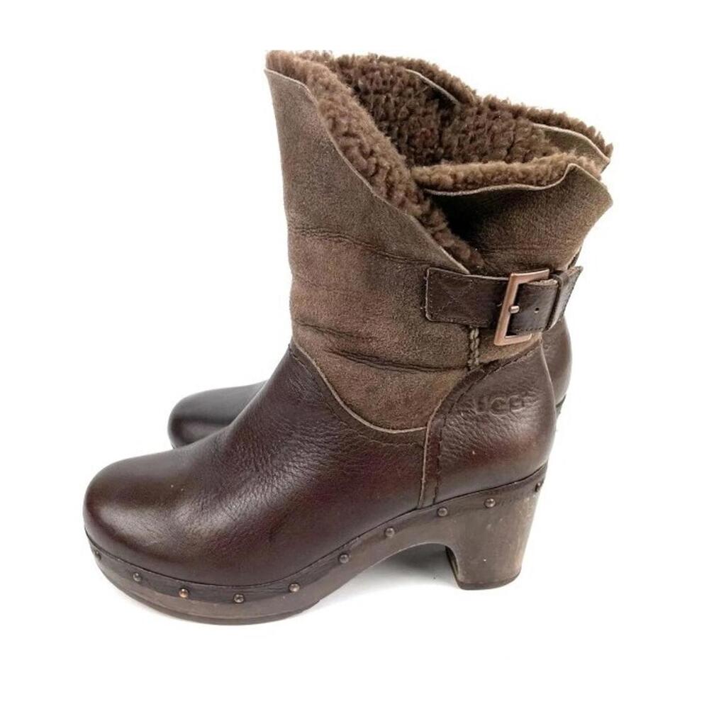 Ugg Amoret BootS US 7 Brown Leather Sheepskin Lined Ankle Boot Heeled Clog